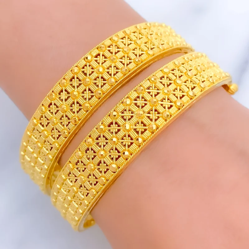 Women’s sparkling bracelets-Dazzling Radiant Dotted 22k Gold Bangle Pair