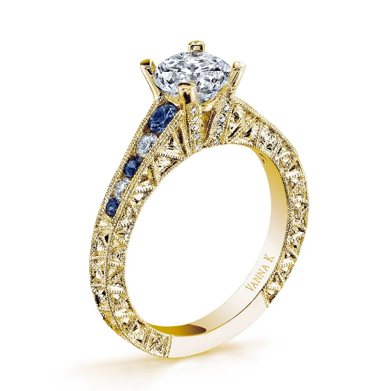 Women’s halo diamond engagement rings-18K YELLOW GOLD DIAMOND AND SAPPHIRE ENGAGEMENT RING