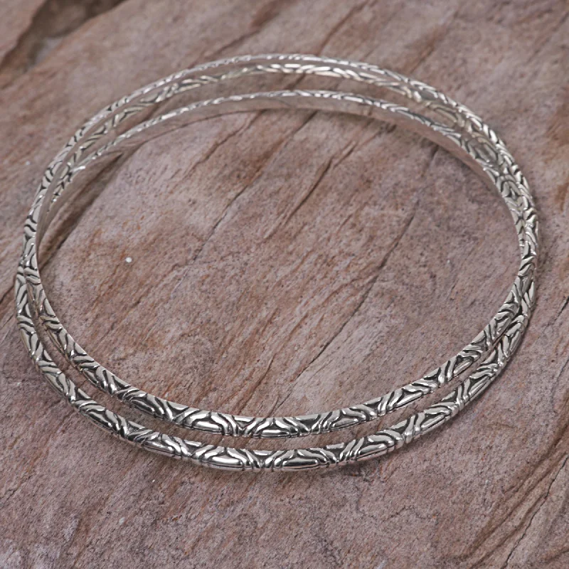 Women’s gemstone bracelets-Indonesian Moon Two 925 Sterling Silver Handmade Engraved Bangles from Bali