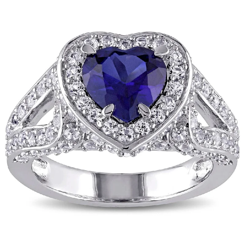 Women’s floral rings-Miadora Sterling Silver Created Blue and White Sapphire Split Shank Heart Halo Ring