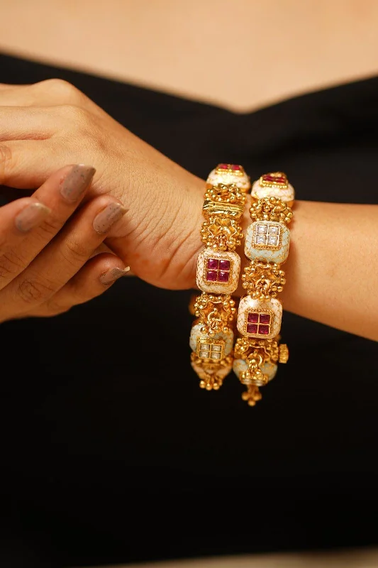 Women’s gold bangles-Hazeera Meenakari Gold Polki Bangle Set