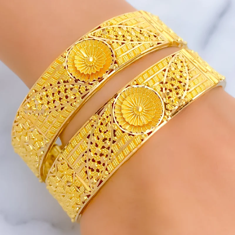 Women’s modern bangles-Unique Embossed 3D Flower 22k Gold Bangle Pair - Payment 1