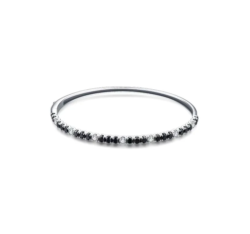 Women’s leather bangle bracelets-Classic Black and White Diamond Half Bangle