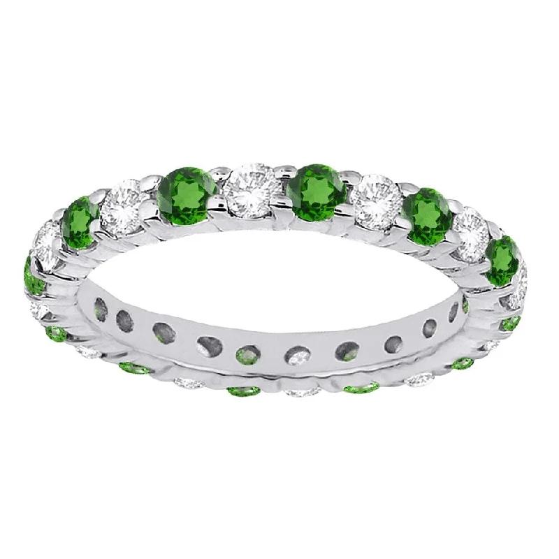 Women’s stackable diamond rings-Sterling silver with Green Emerald and Natural White Topaz Eternity Band Ring