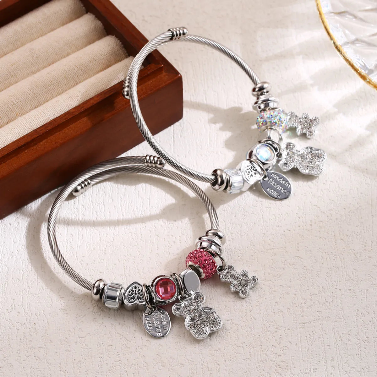 Women’s silver charm bracelets-Elegant Cute Oval Bear Stainless Steel Alloy Beaded Inlay Rhinestones Bangle