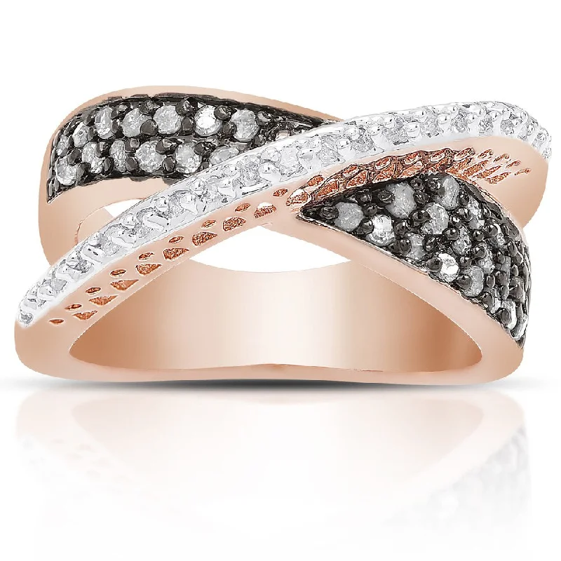 Women’s modern rings-Finesque Rose Gold Over Sterling Silver 2/5 Ct TDW Black and White Diamond Crossover Design Ring