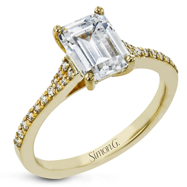 Women’s platinum three-stone engagement rings-Simple yet stunning, this graceful engagement ring is made for an emerald cut center stone and is set with .16 ctw of white diamonds.