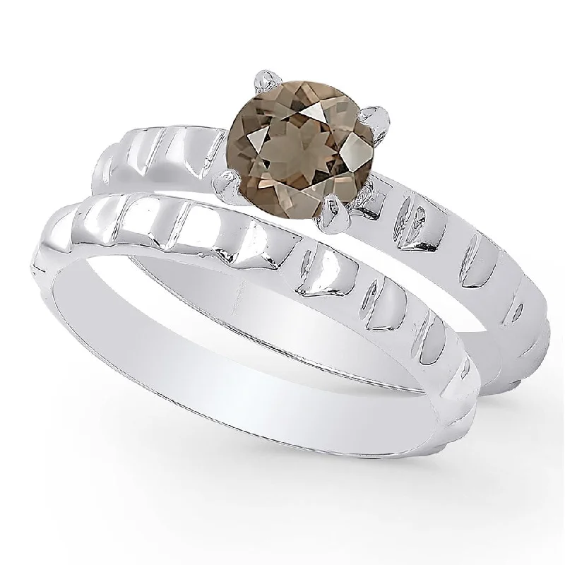 Women’s heart-shaped diamond rings-Dolce Giavonna Sterling Silver Smokey Quartz Solitaire Bridal Ring Set