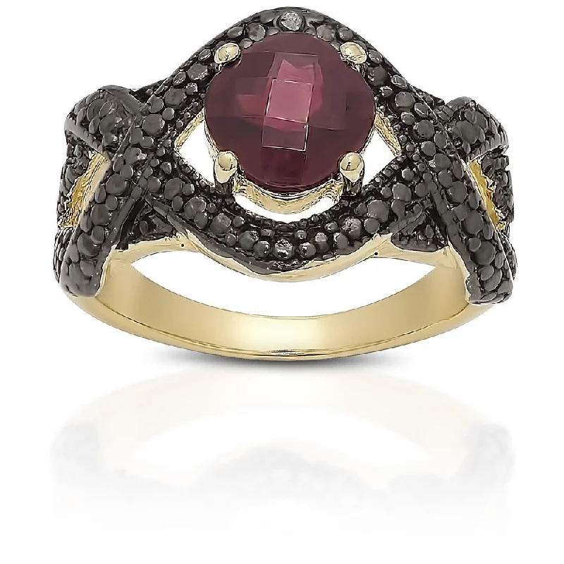 Women’s bohemian rings-Dolce Giavonna Gold over Sterling Silver Garnet and Black Diamond Accent Ring