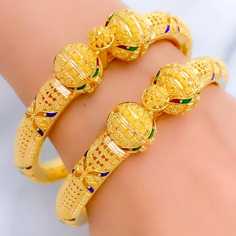 Women’s gold bangles-Royal Meenakari Leaf 22k Gold Pipe Bangles