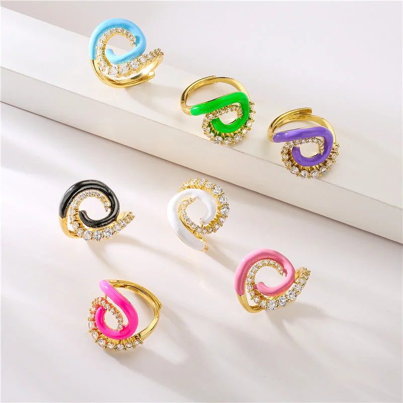 Women’s silver rings-Fashion Geometric Color Block Copper Enamel Zircon Open Ring