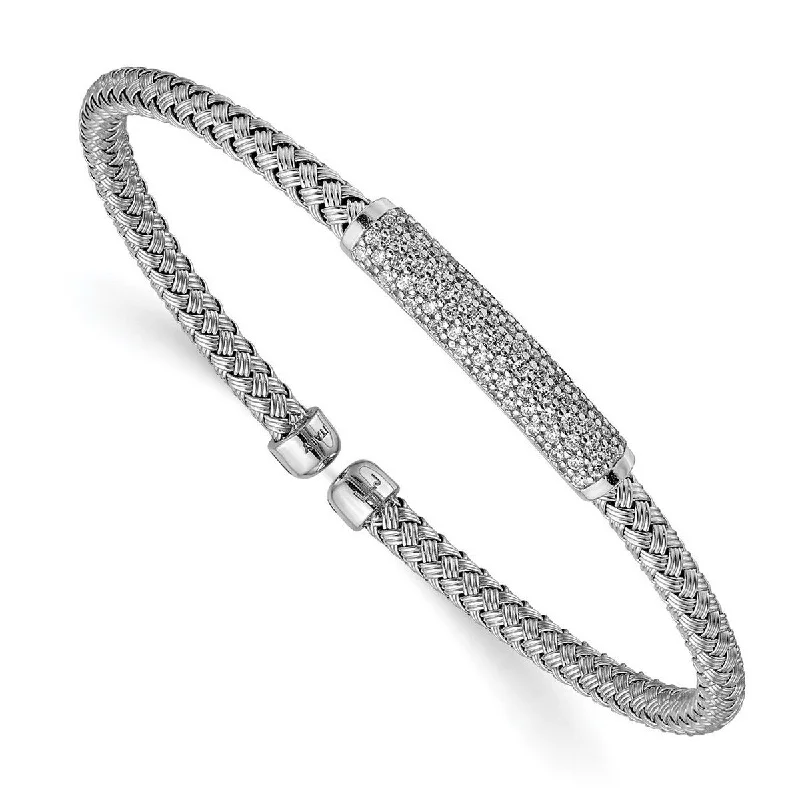 Women’s lucky charm bracelets-Curata 925 Sterling Silver Rhodium Cubic Zirconia Woven Flexible Cuff Stackable Bangle