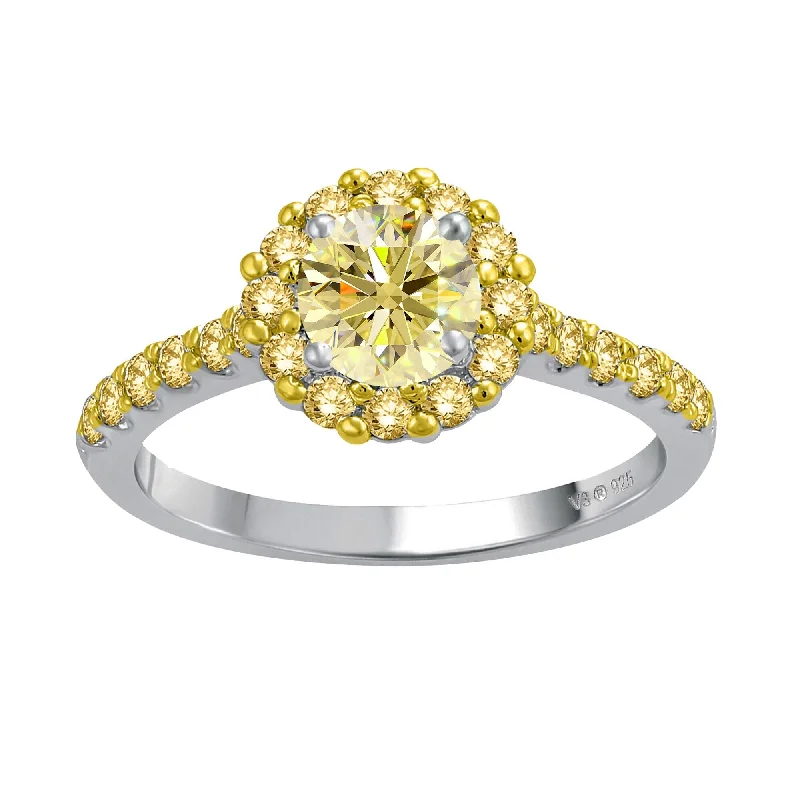 Women’s birthstone rings-Sterling Silver Yellow Moissanite and Yellow Sapphire Halo Ring