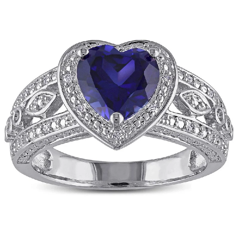 Women’s pearl engagement rings-Miadora Sterling Silver Created Blue Sapphire and 1/10ct TDW Diamond Heart Halo Ring