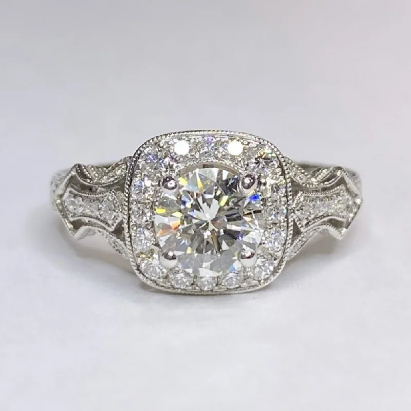 Women’s halo engagement rings with sapphires-1.42ctw Vintage Design Cushion Halo Engagement Ring