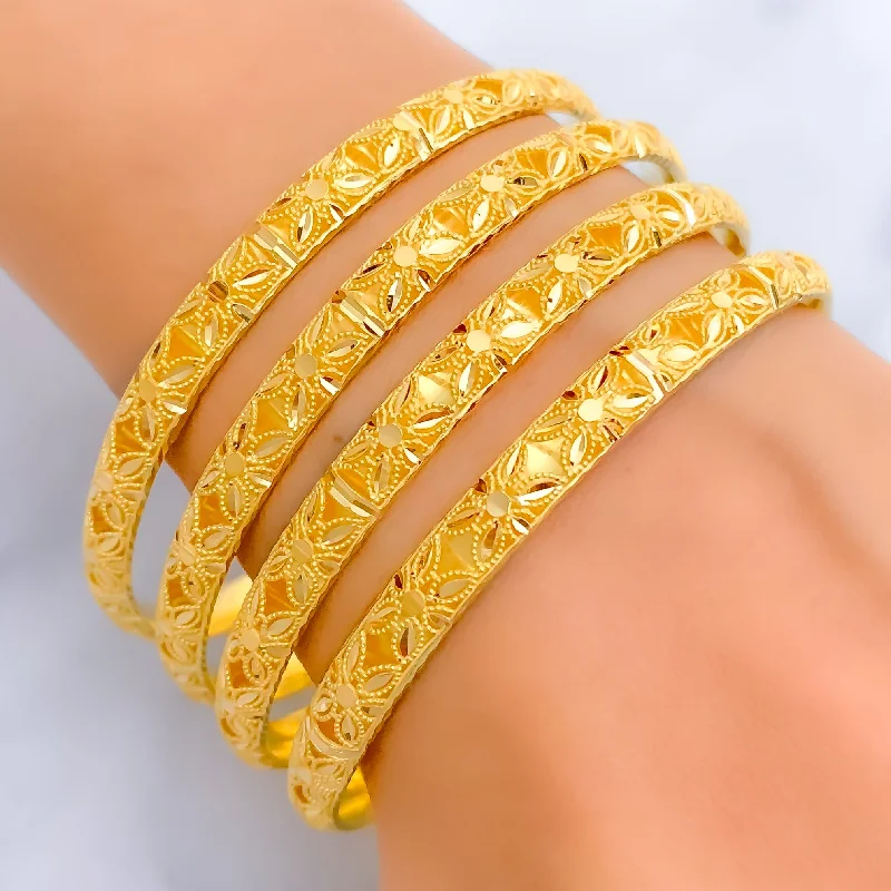 Women’s minimalist bracelets-Embellished Reflective Flower 21k Gold Bangles