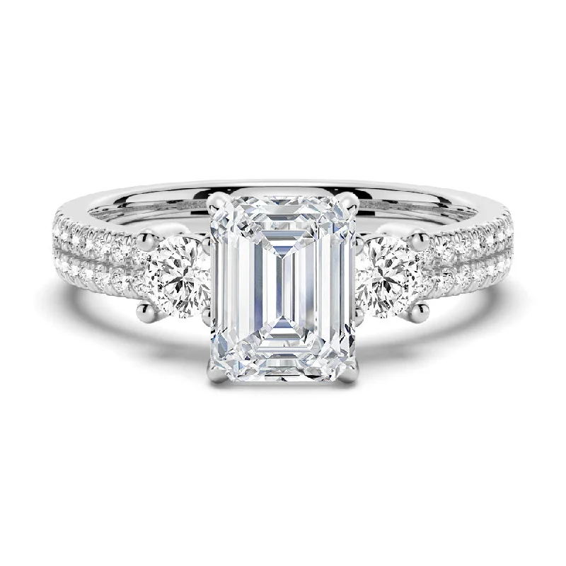 Women’s elegant engagement rings-Double Row Pave Three Stone Emerald Cut Engagement Ring