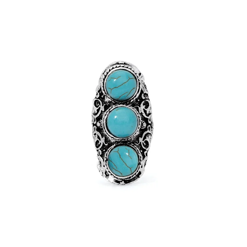 Women’s yellow gold rings-Silver Plated Simulated Turquoise Triple Stone Ring