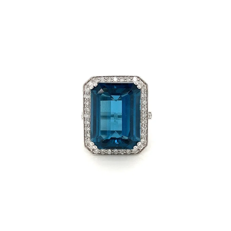 Women’s square engagement rings with diamonds-26.96 Carat London Blue Topaz Ladies Diamond Ring