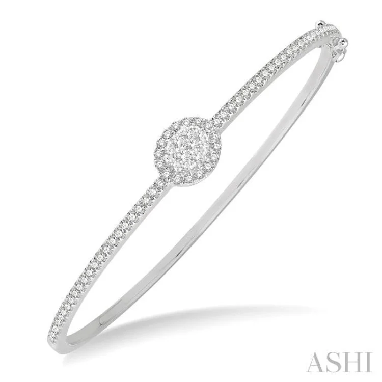 Women’s friendship bracelets-1 ctw Oval Shape Round Cut Diamond Lovebright Stackable Bangle in 14K White Gold