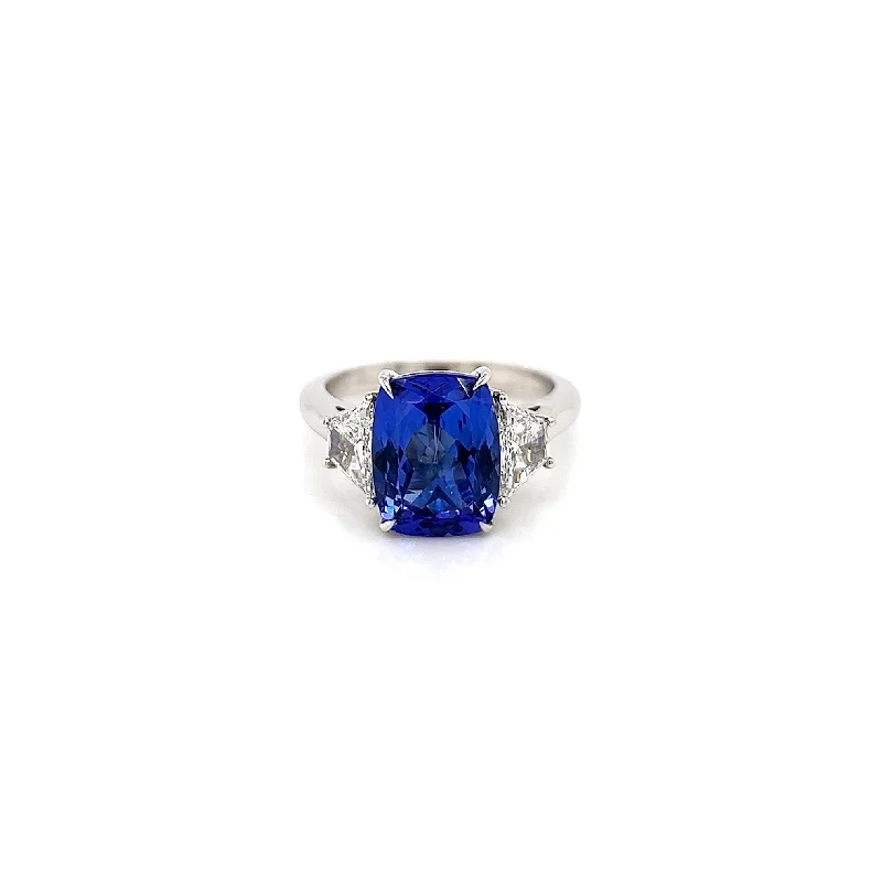 Women’s statement engagement rings-5.12 Total Carat Three Stone Blue Tanzanite-Diamond Ring