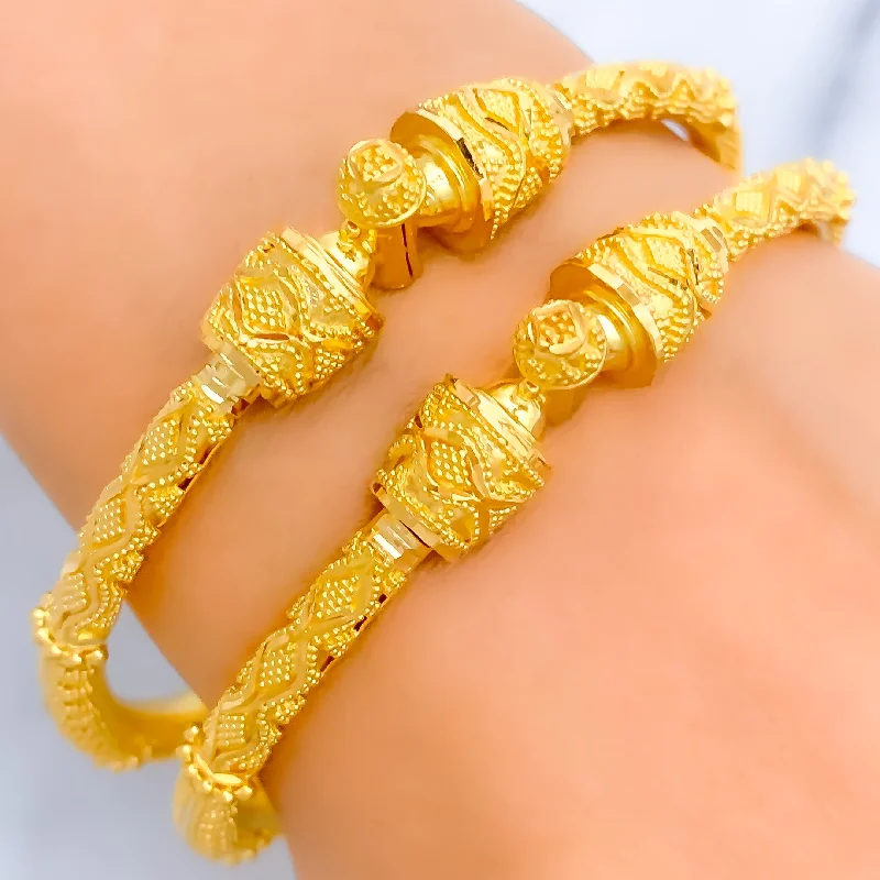 Women’s engraved bangles-Regal Geometric Beaded 22k Gold Pipe Bangles