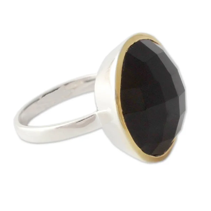 Women’s crown rings-Handmade Gold Accented 'Mystical Allure' Onyx Ring (India) - Black