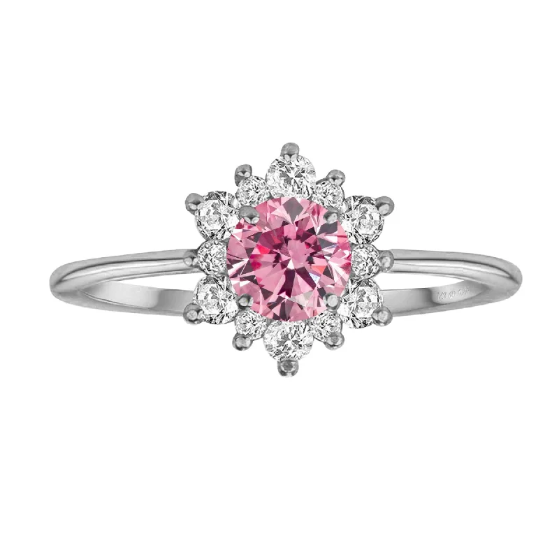 Women’s anniversary rings-Sterling Silver Pink Moissanite and White Topaz Flower Ring