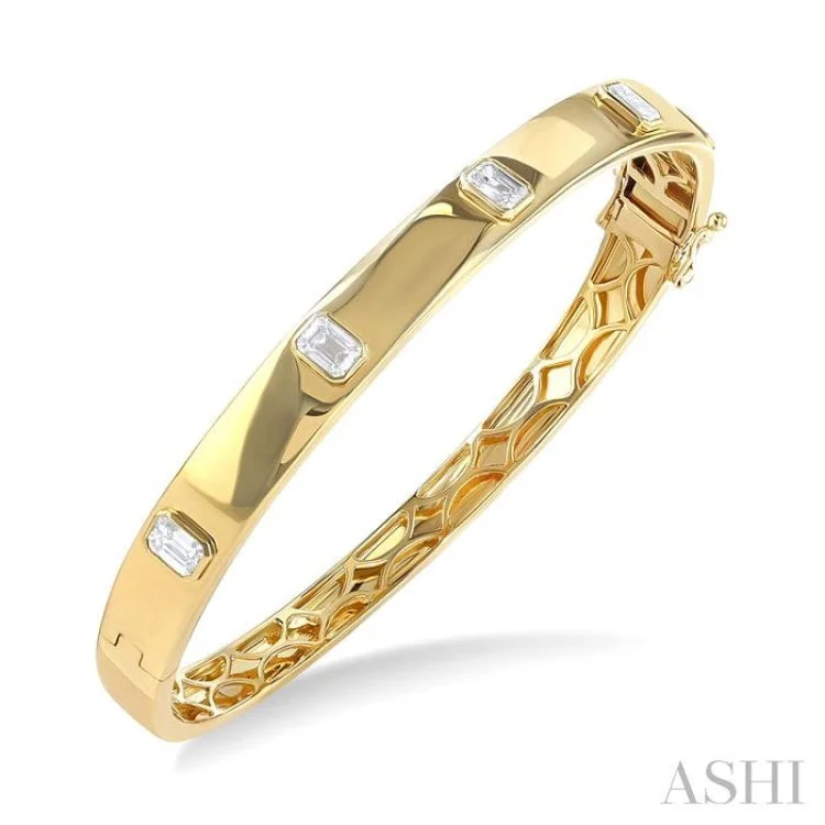 Women’s minimalist bangle bracelets-1 1/2 ctw Bezel Set Emerald Cut Diamond Bangle in 14K Yellow Gold