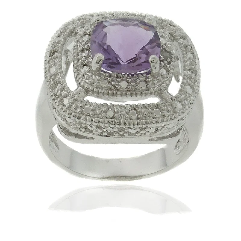 Women’s infinity diamond rings-Dolce Giavonna Silver Overlay Amethyst and Diamond Accent Square Ring