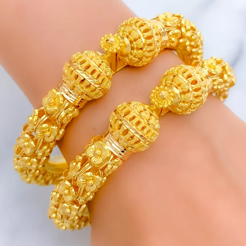 Women’s rose gold bracelets-Extravagant Blooming Flower 22k Gold Pipe Bangles