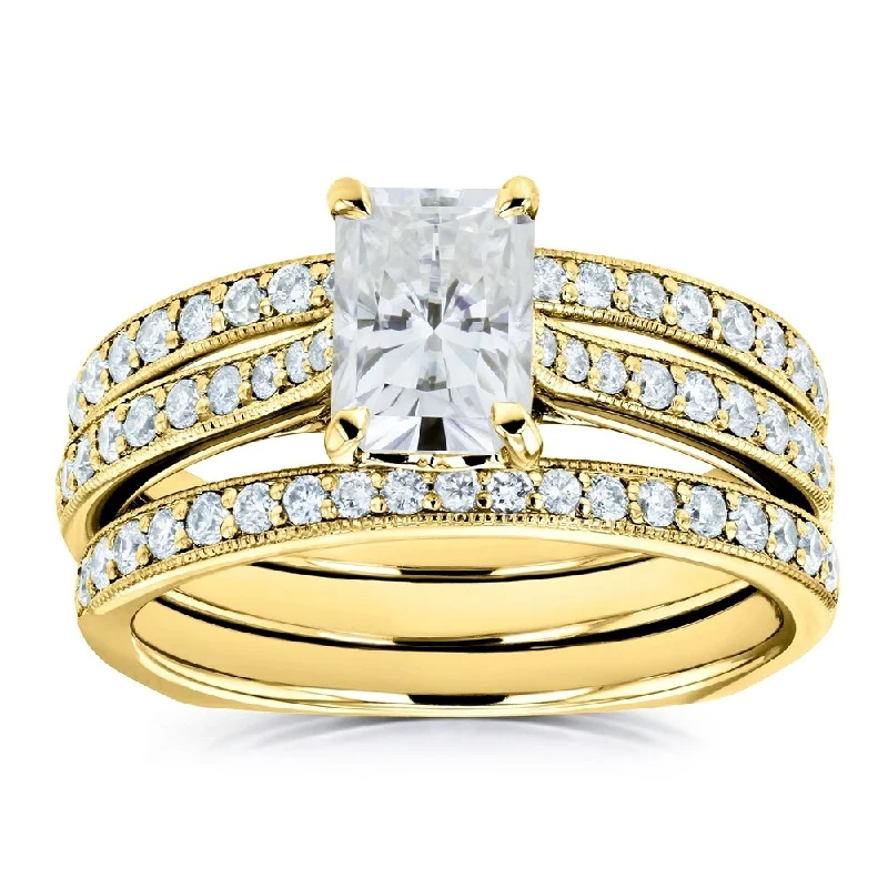 Women’s anniversary rings-Annello by Kobelli 14k Gold 1 4/5ct TGW Radiant Moissanite and Diamond Euro-Band Trellis Bridal Rings (GH/VS, GH/I)