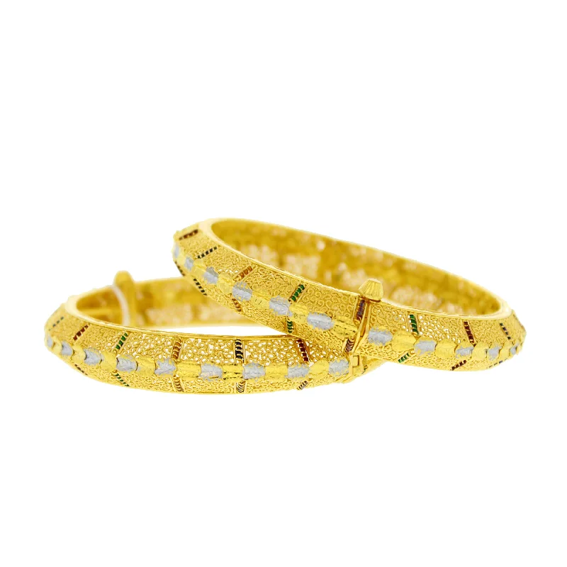 Women’s stackable bracelets-Gold Bangles with Meena & Rhodium Accents