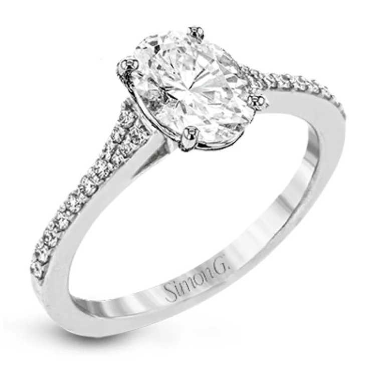 Women’s custom-designed engagement rings-Simple yet stunning, this graceful engagement ring is made for an oval cut center stone and is set with .16 ctw of white diamonds.