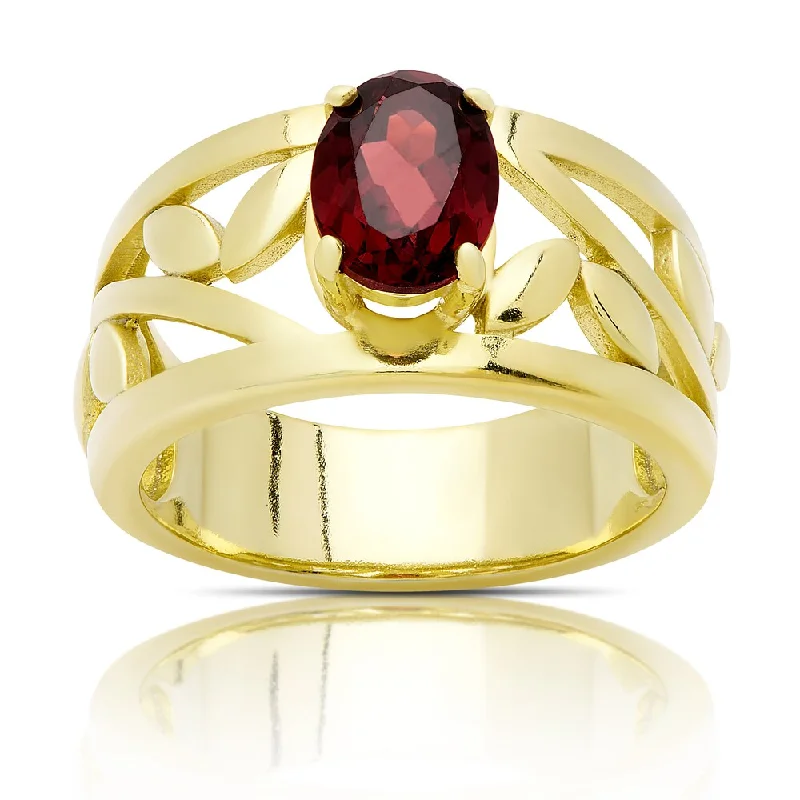 Women’s boho rings-Dolce Giavonna Gold Over Sterling Silver Oval Garnet Leaf Design Ring