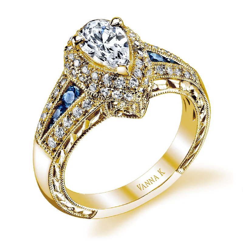 Women’s eternity diamond engagement rings-18K YELLOW GOLD HALO DIAMOND AND SAPPHIRE ENGAGEMENT RING