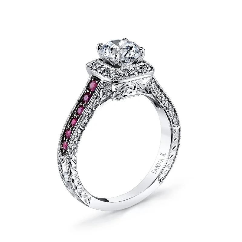 Women’s heirloom engagement rings-18K White Gold Halo Diamond And Ruby Engagement Ring