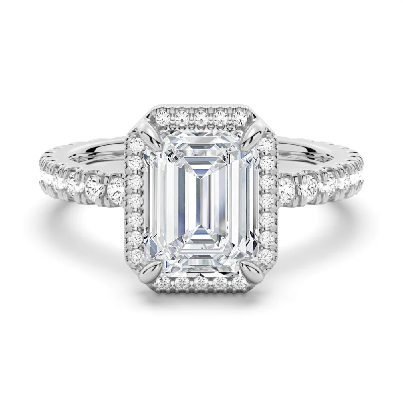 Women’s princess diamond engagement rings-Half Eternity Emerald Cut Halo Engagement Ring