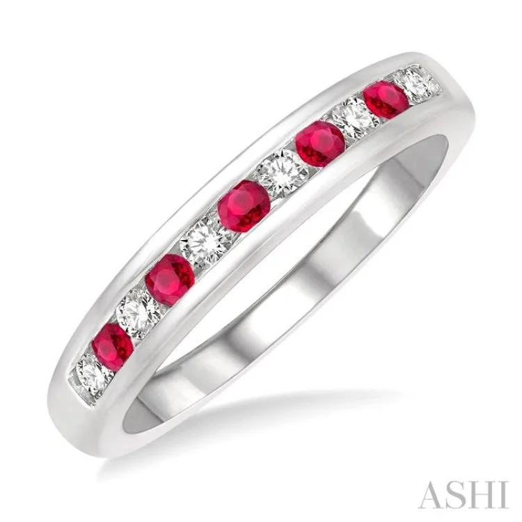 Women’s platinum sapphire engagement rings-1/5 ctw Round Cut Diamond and 2MM Ruby Precious Wedding Band in 14K White Gold