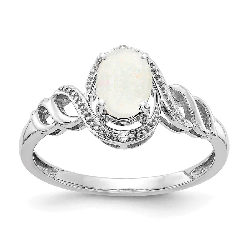 Women’s square engagement rings-10k White Gold Opal and Diamond Ring-WBC-10XB319