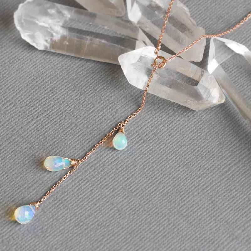 Women’s heart-shaped necklaces-The Opal Cascade Lariat Necklace | 10K Rose Gold