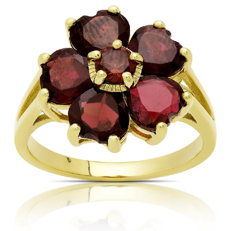 Women’s rose gold rings-Dolce Giavonna Gold Over Sterling Silver Garnet Flower Design Ring