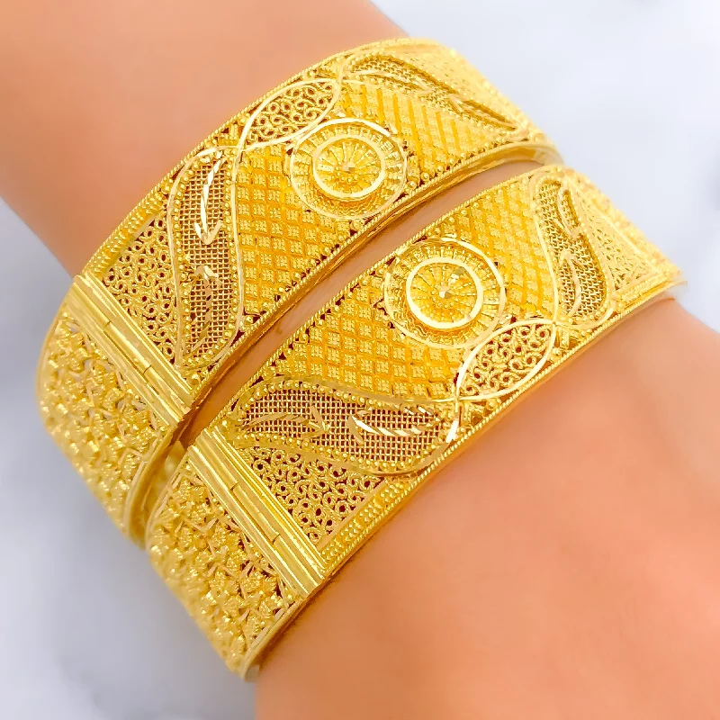 Women’s silver bracelets-Impeccable Embellished 22k Gold Royal Bangle Pair