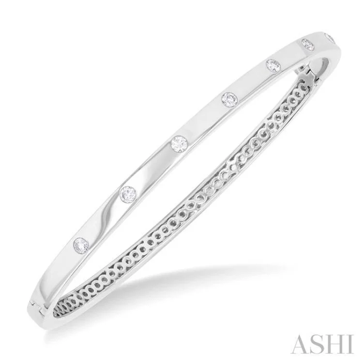 Women’s silver bangles-3/8 Ctw Flush Bezel Set Diamond Fashion Bangle in 14K White Gold