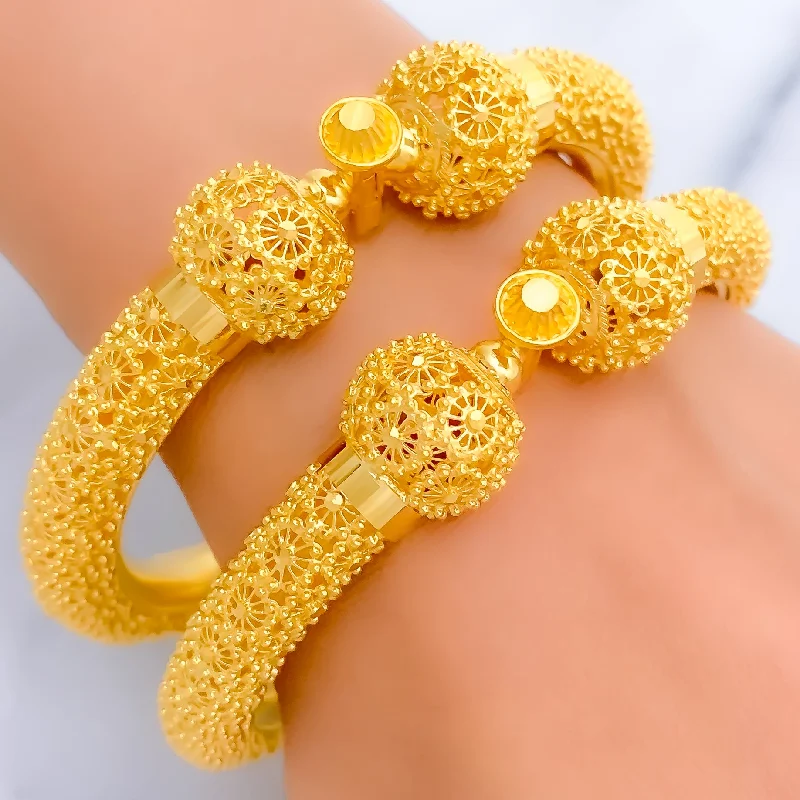 Women’s stackable bracelets-Extravagant Netted Floral 22k Gold Pipe Bangles