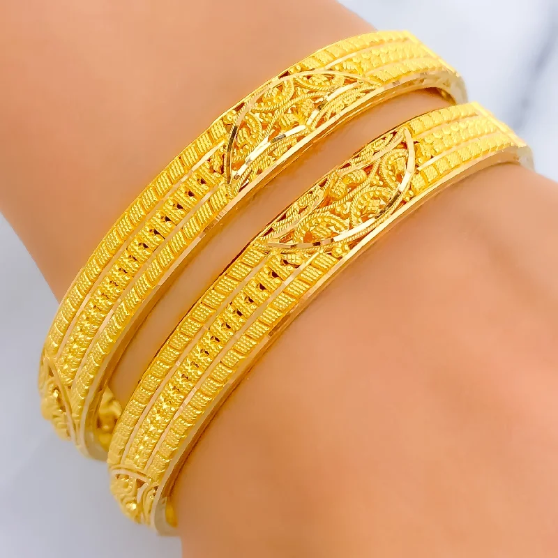 Women’s elegant bangles-Geometric Curved 22k Gold Screw Bangle Pair