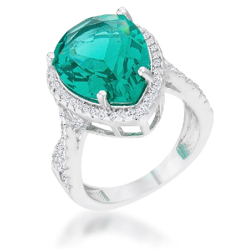 Women’s geometric rings-Laura 9.9ct Blue Green CZ Rhodium Classic Teardrop Ring