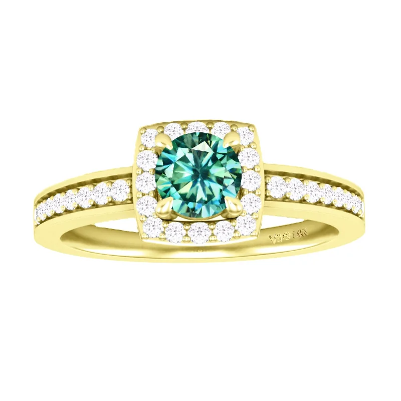 Women’s vintage wedding rings-Yellow Gold Round Shape Green Moissanite and White Diamond Halo Ring