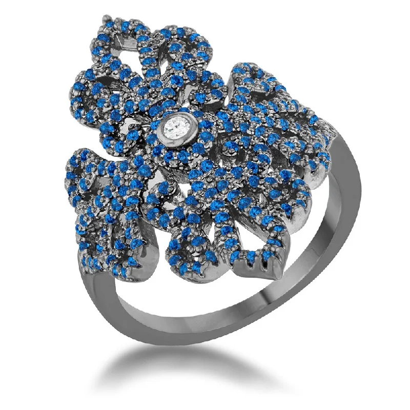 Women’s silver band rings-Victoria 1.23ct Sapphire CZ Hematite Filigree Cocktail Ring