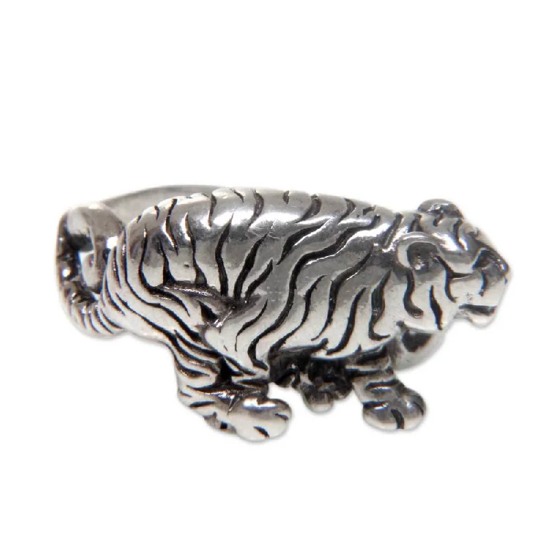 Women’s chunky gemstone rings-Handmade Men's Sterling Silver 'White Tiger' Ring (Indonesia)